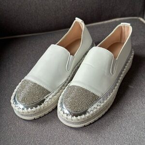 Brand New White Slip-On Shoes with Rhinestone Accents, Size 38.5 (US 8)